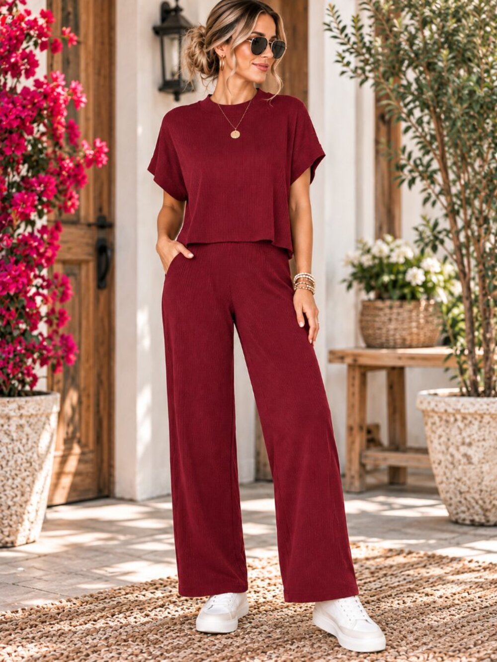 Zenana Burgundy 2 Piece Matching Set Boxy Top Wide Leg Pants Medium